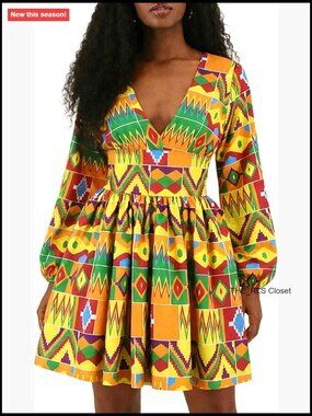 Polyester V-Neck Backless Swing Dress with Lantern Sleeves